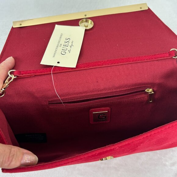 Guess Velvet Chain Strap Clutch Red Evening Party Purse - Picture 9 of 10